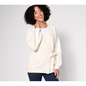 Top Knot Women's Plus Sz Sweater 1X CozyChic Side-Tie Cardigan White